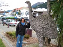 Elli Nagai-Rothe with a moa statue in Queenstown