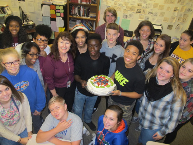 Fiona with students at a US school she visited